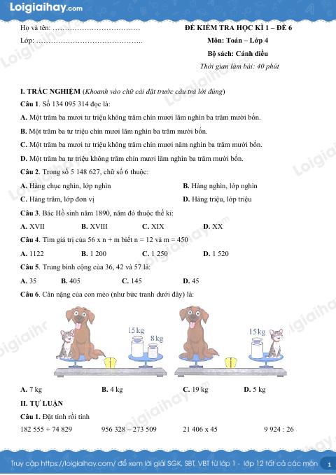Đề kiểm tra học kì 1 Toán 4 Cánh diều - Đề số 6